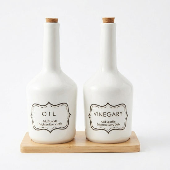 Porcelain Oil Dispenser Set 2 Pcs With Wooden Stand
